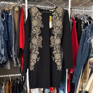 Gianni Bini Black Dress with Gold Floral Accents